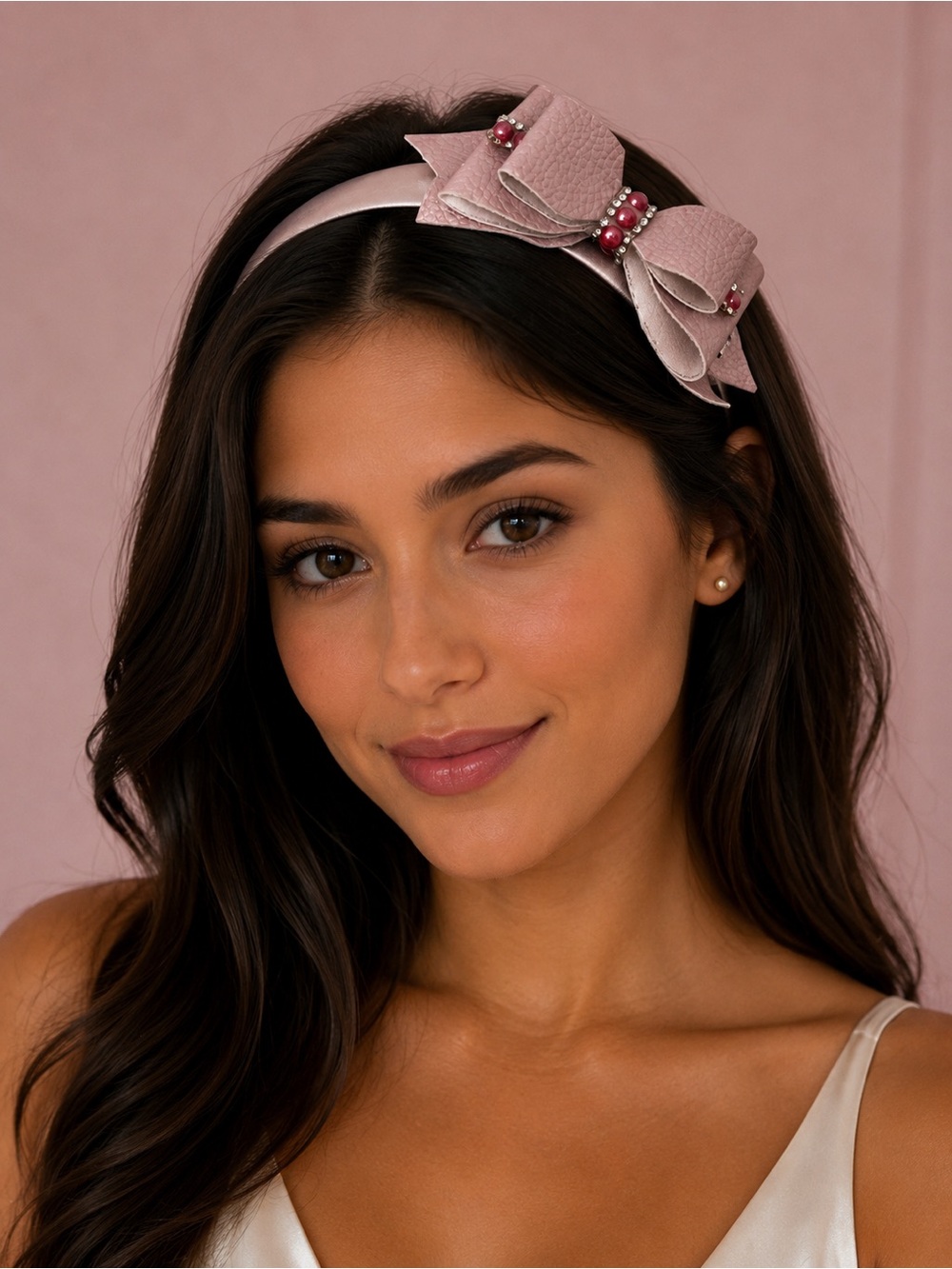Elegant Pink Bow Headband with Pearl Accents